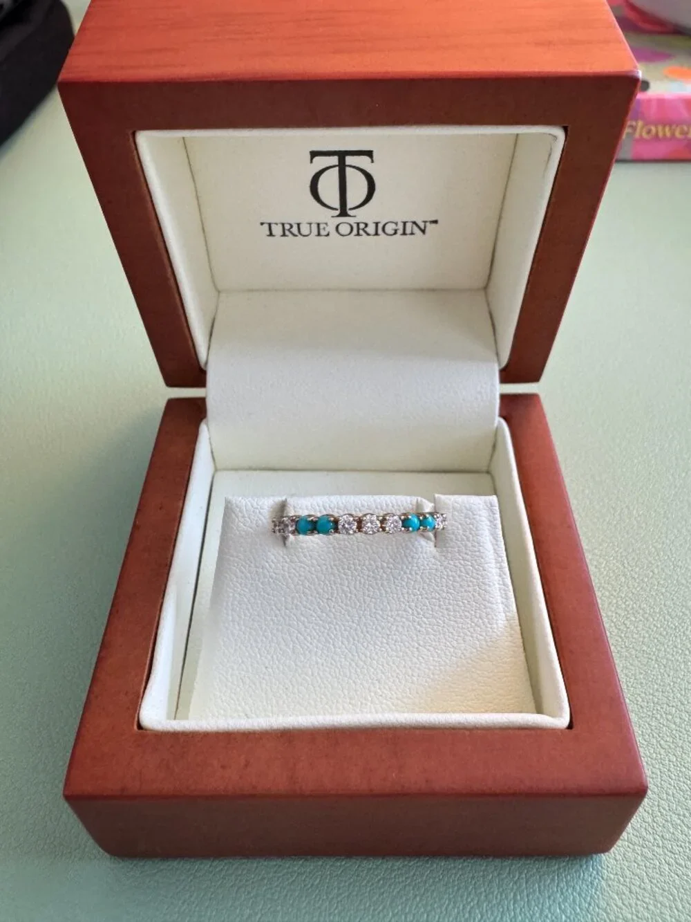 14K Gold Lab-Grown Diamond & Turquoise Half Eternity Ring